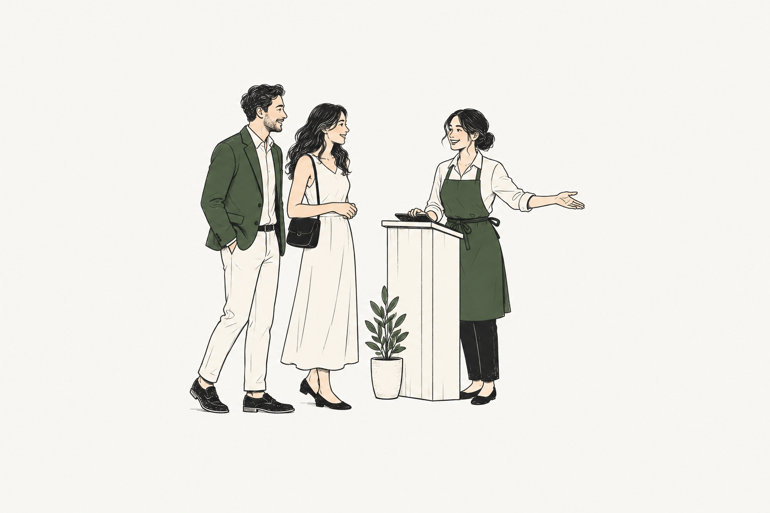 A restaurant host warmly welcoming two guests